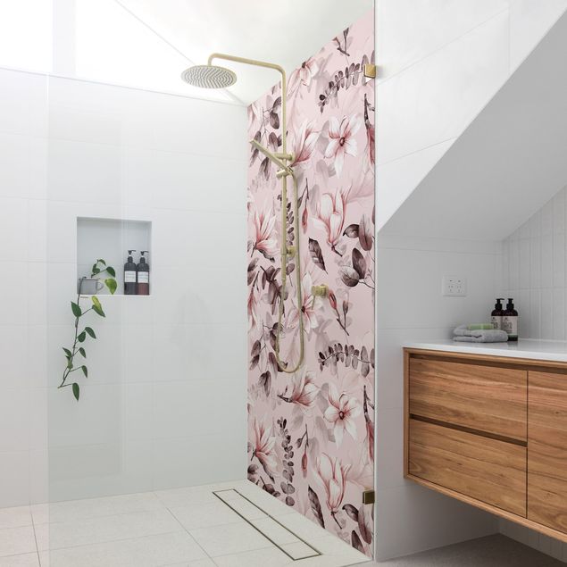 Shower wall panels Blossoms With Gray Leaves In Front Of Pink