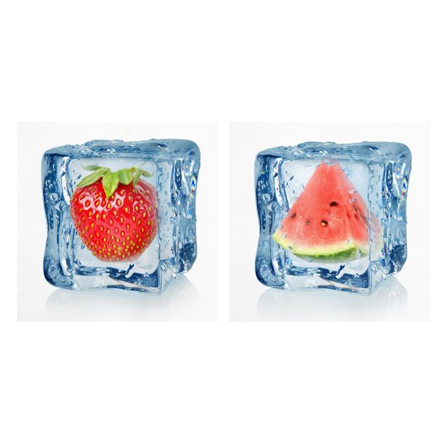 Fruit canvas Strawberry and melon in the ice cube