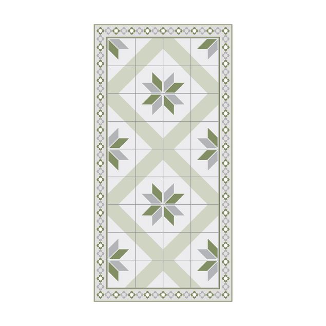 tile effect rug Geometrical Tiles Rhombic Flower Olive Green With narrow Border