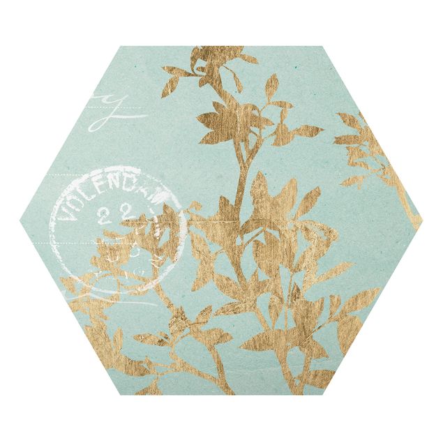 Turquoise canvas wall art Golden Leaves On Turquoise II