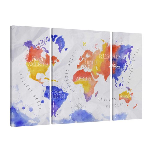 Contemporary art prints World Map Watercolour Purple Red Yellow