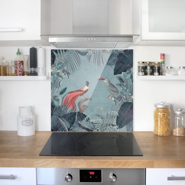Glass splashback kitchen flower Blue Gray Paradise With Tropical Birds