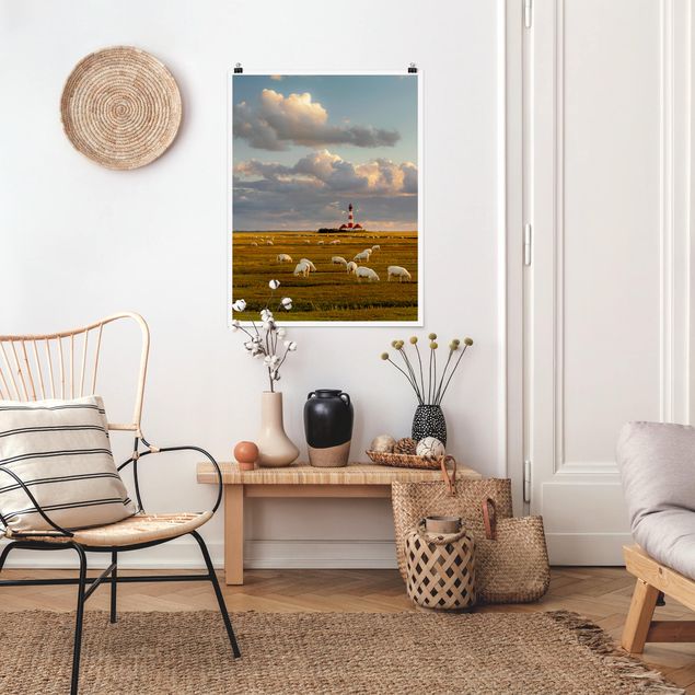 Beach canvas art North Sea Lighthouse With Flock Of Sheep