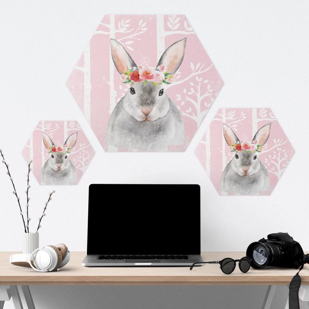 Hexagon shape pictures Watercolor Bunny Pink