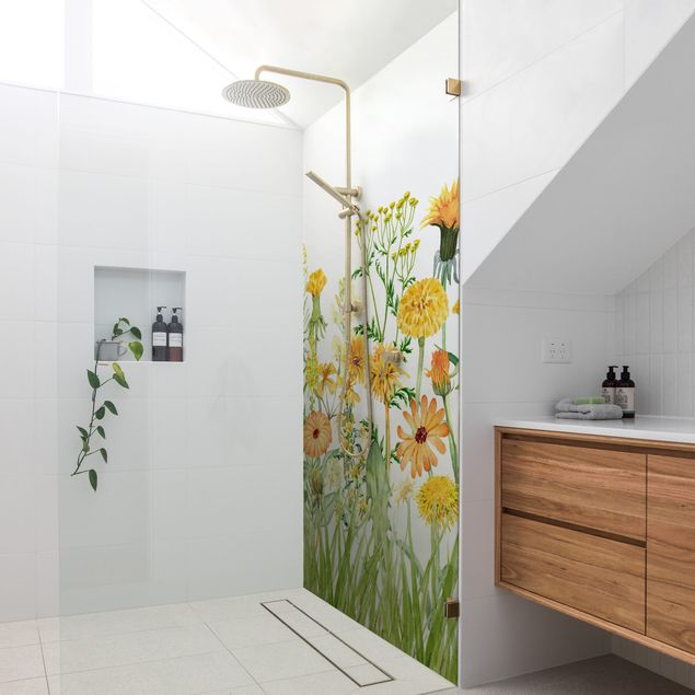 Shower wall panels Watercolour Flower Meadow In Gelb