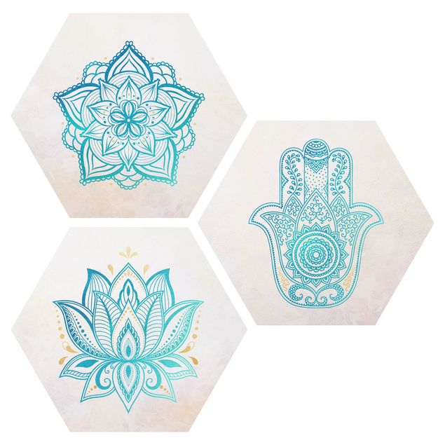 Prints patterns Mandala Hamsa Hand Lotus Set Gold Blue