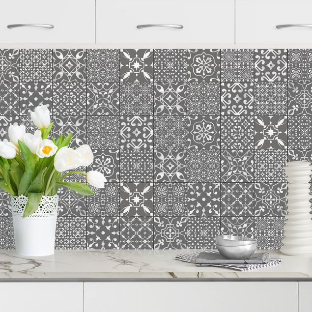 Kitchen Patterned Tiles Dark Gray White
