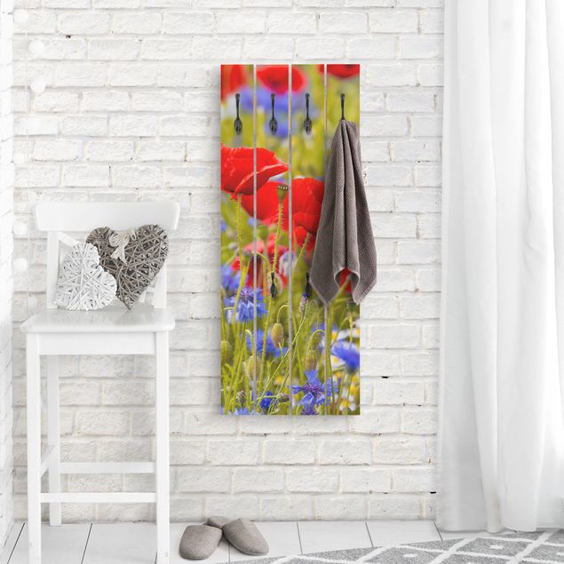 Wall mounted coat rack wood Summer Meadow With Poppies And Cornflowers
