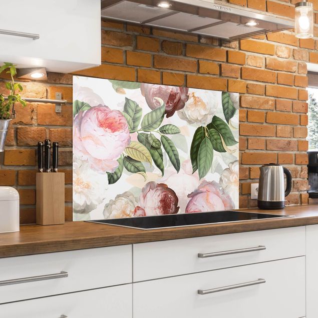 Glass splashback patterns Peonies With Leaves