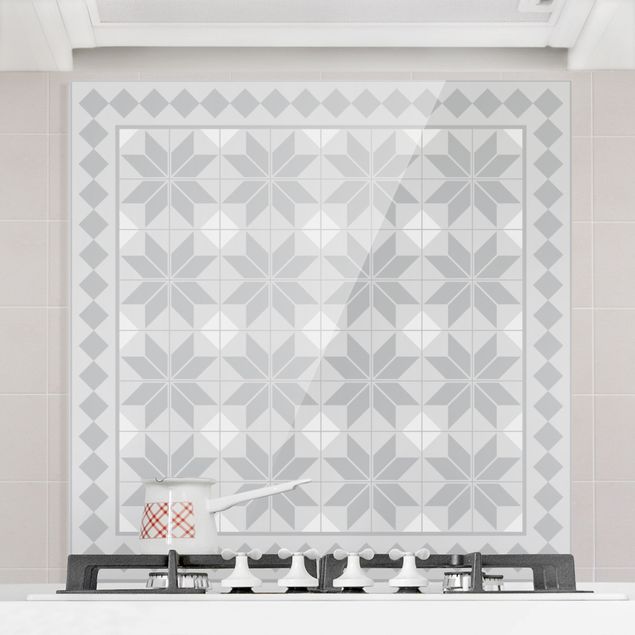Kitchen Geometrical Tiles Star Flower Grey With Border