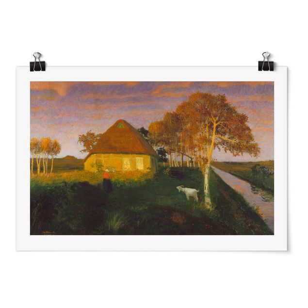Prints landscape Otto Modersohn - Moor Cottage in the Evening Sun