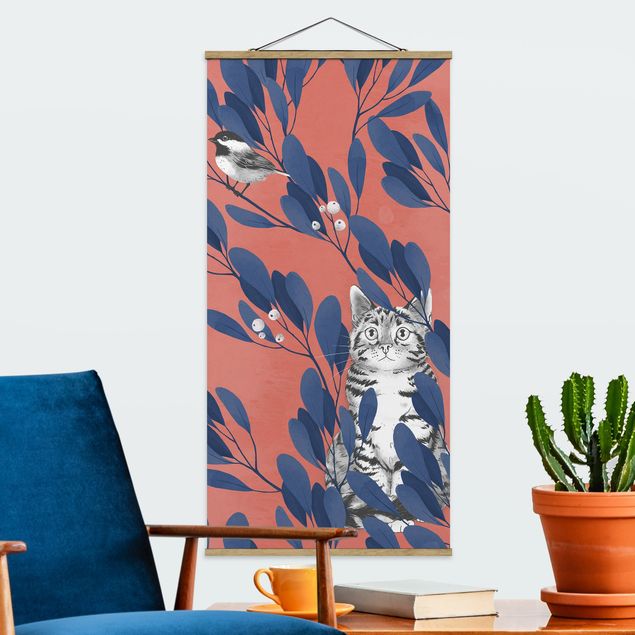 Kitchen Illustration Cat And Bird On Branch Blue Red