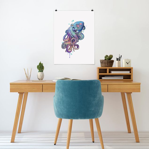Art posters Illustration Octopus Violet Turquoise Painting