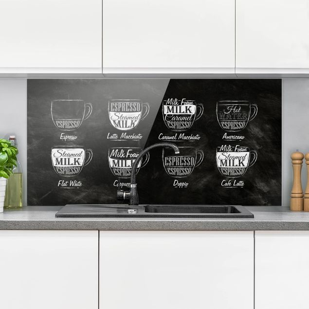 Glass splashback kitchen baking and coffee Coffees chalkboard