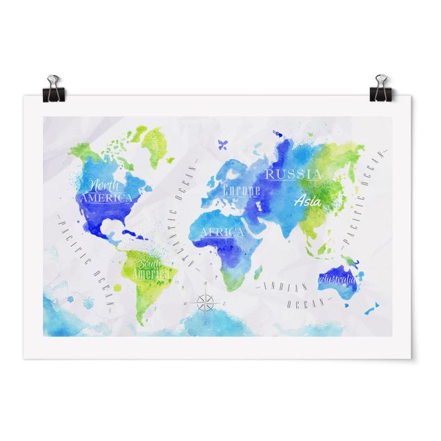 Contemporary art prints World Map Watercolour Blue Green