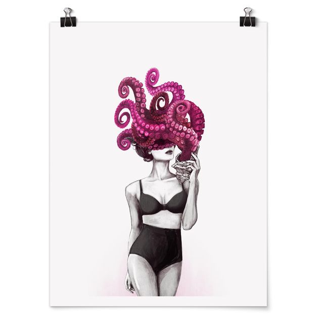 Art posters Illustration Woman In Underwear Black And White Octopus