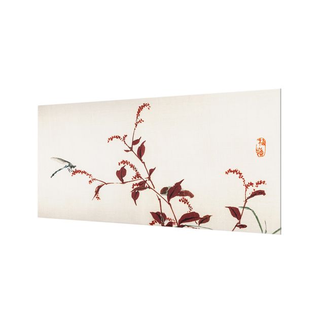 Glass Splashback - Asian Vintage Drawing Red Branch With Dragonfly - Landscape 1:2