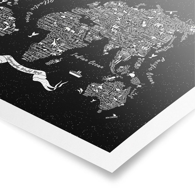 Prints black Typography World Map Black