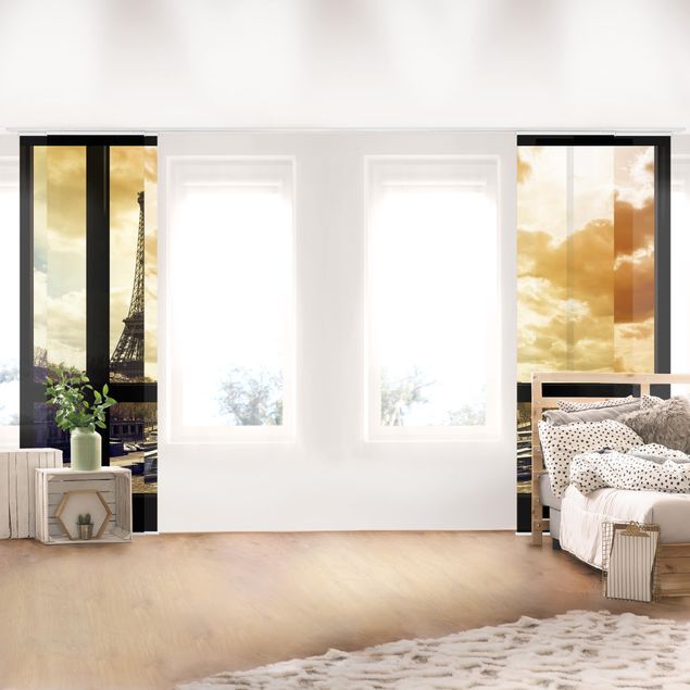 Sliding panel curtains architecture and skylines Window view - Paris Eiffel Tower sunset