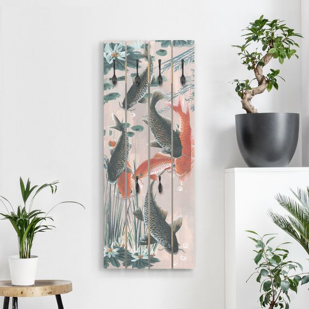 Wall mounted coat rack flower Asian Painting Koi In Pond II