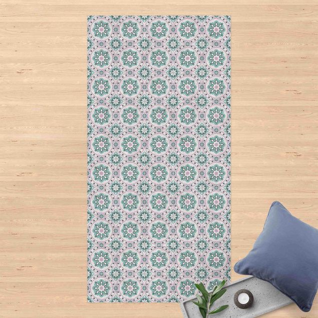 Outdoor rugs Floral Tiles Turquoise Light Pink