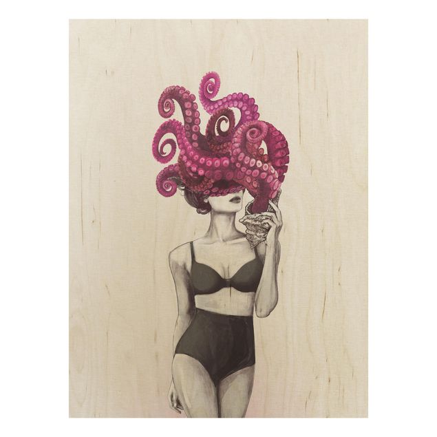 Prints Illustration Woman In Underwear Black And White Octopus
