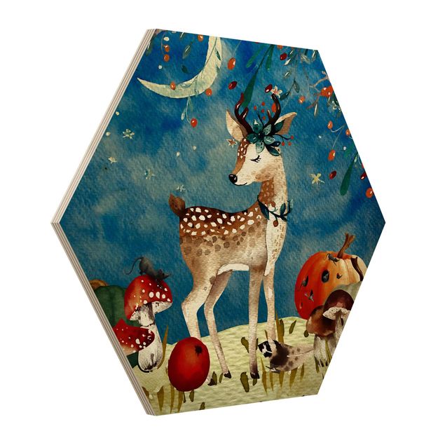Prints nursery Watercolor Deer In The Moonlight
