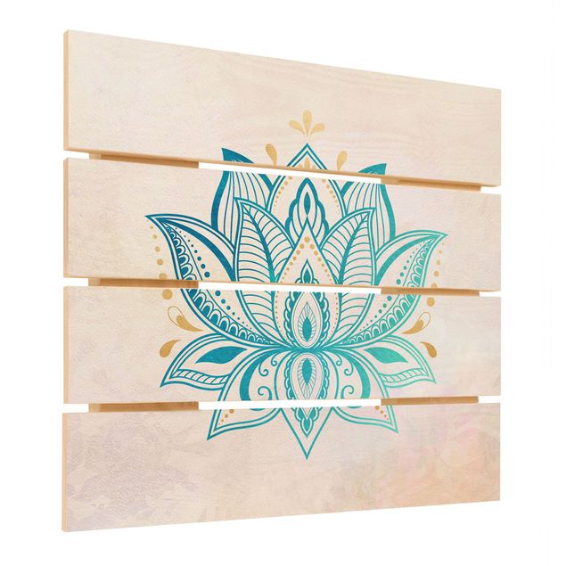 Print on wood - Lotus Illustration Mandala Gold Blue