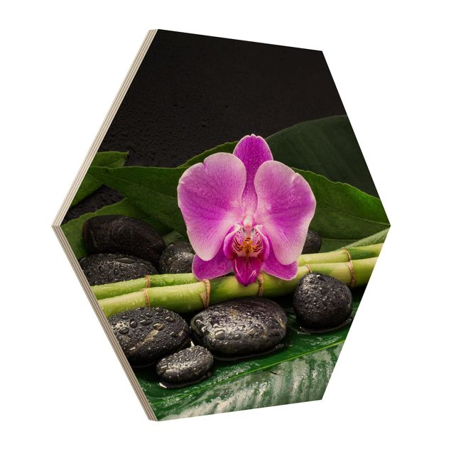 Wood prints flower Green Bamboo With Orchid Blossom