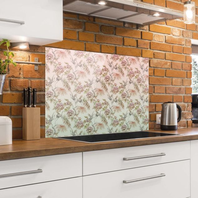 Glass splashback patterns Watercolour Birds With Large Flowers In Ombre