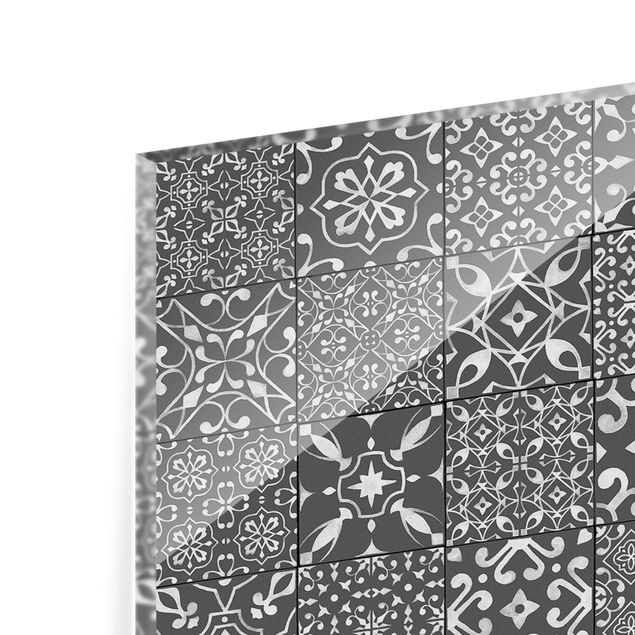 Glass Splashback - Pattern Tiles Dark Gray White - Panoramic