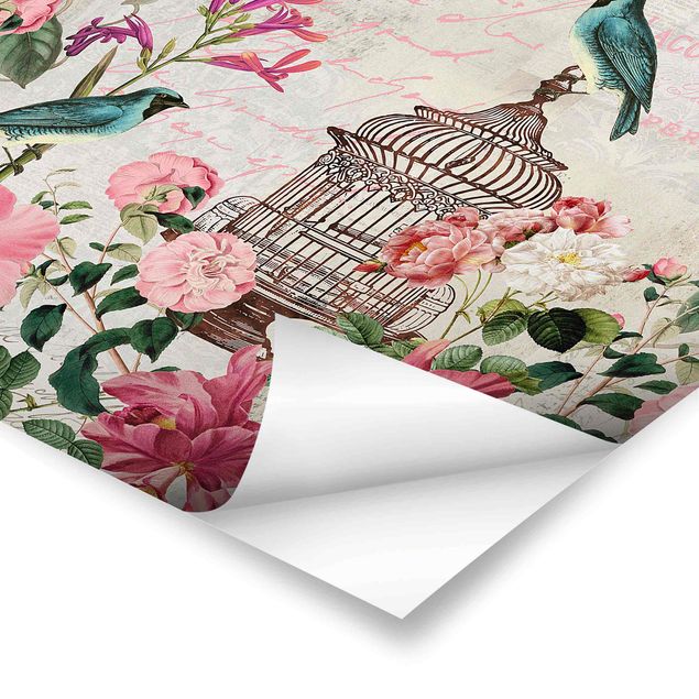 Andrea Haase Shabby Chic Collage - Pink Flowers And Blue Birds