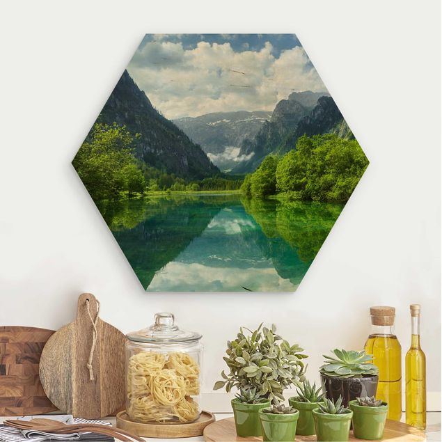 Wood prints landscape Mountain Lake With Water Reflection