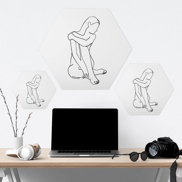 Hexagon shape pictures Line Art Woman Nude Black And White