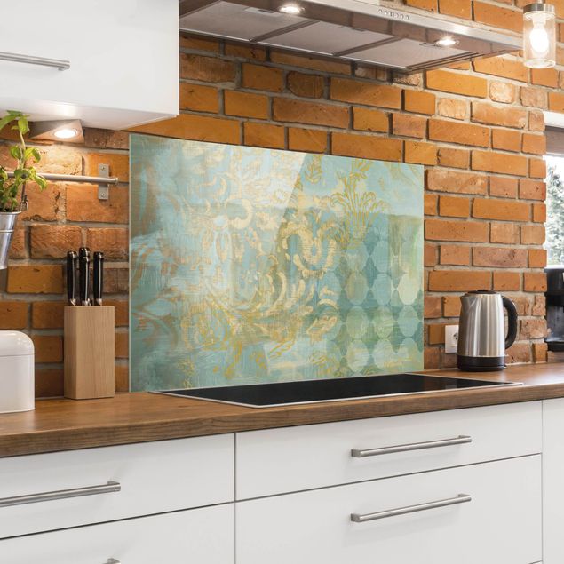 Glass splashback patterns Moroccan Collage In Gold And Turquoise