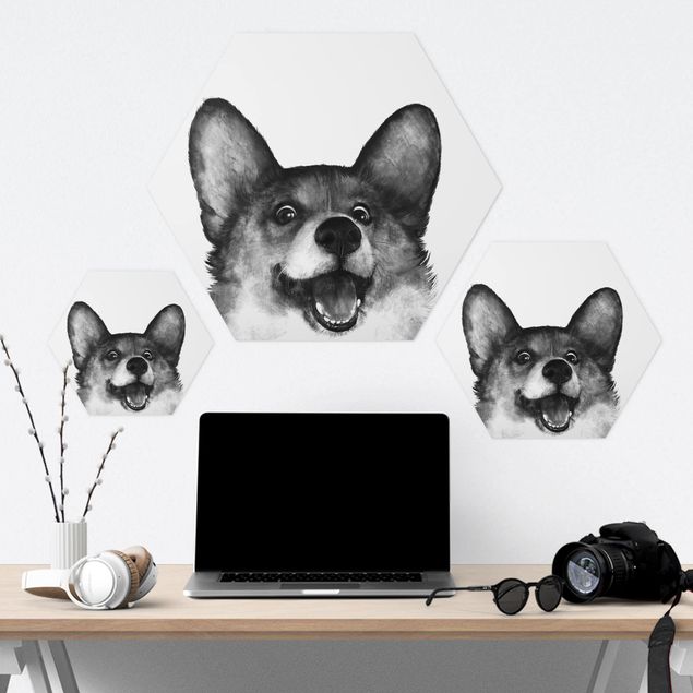 Hexagonal prints Illustration Dog Corgi Black And White Painting