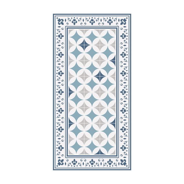 tile effect rug Geometrical Tiles Circular Flowers Dark Blue With Border