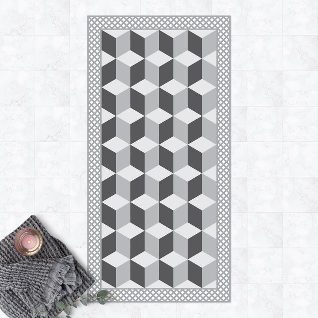 Outdoor rugs Geometrical Tiles Illusion Of Stairs In Grey With Border