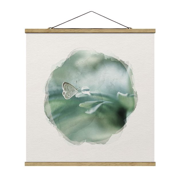 Prints floral WaterColours - Butterfly And Dew Drops In Pastel Green