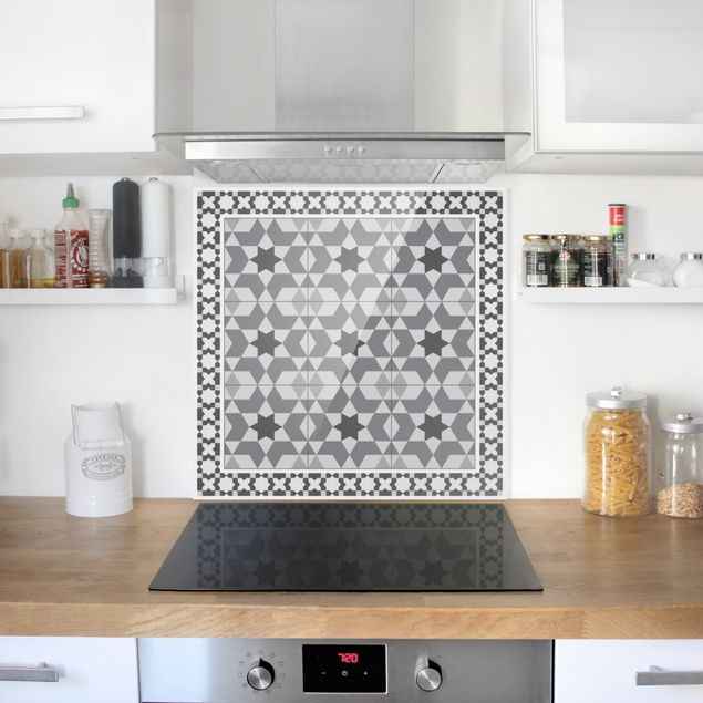 Glass splashback tiles Geometrical Tiles Kaleidoscope grey With Border