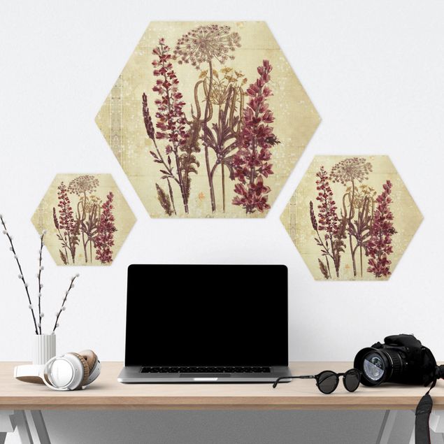 Alu-Dibond hexagon - Vintage Linen Look Flowers