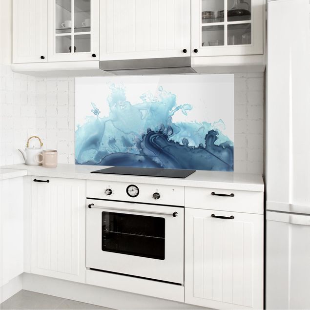 Glass splashback kitchen landscape Wave Watercolor Blue I