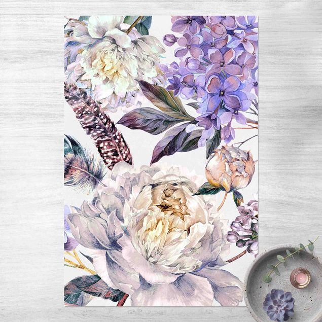Outdoor rugs Delicate Watercolour Boho Flowers And Feathers Pattern