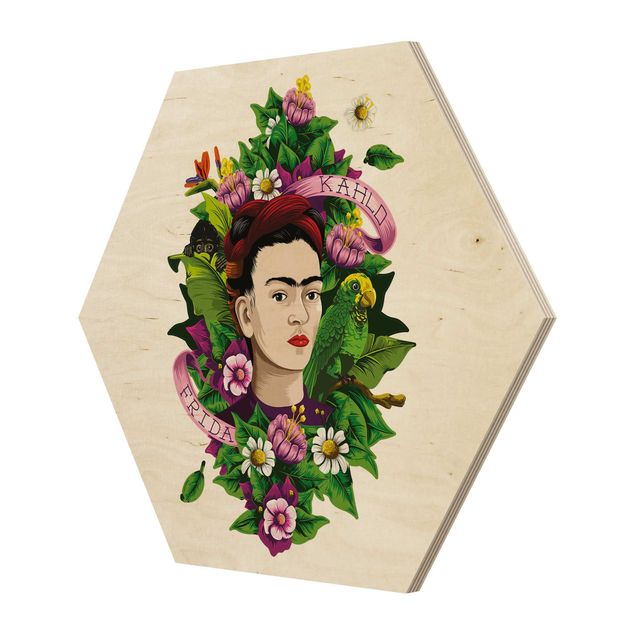 Wood photo prints Frida Kahlo - Frida, Monkey And Parrot