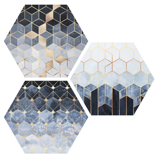 Prints modern Blue White Golden Hexagons Set