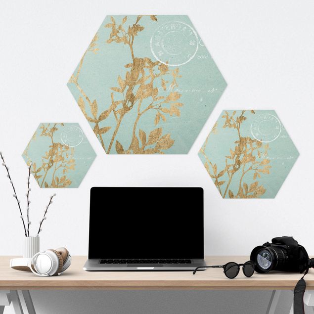 Alu-Dibond hexagon - Golden Leaves On Turquoise I