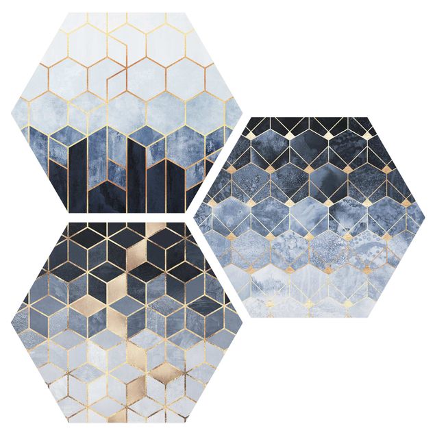 Contemporary art prints Blue White Golden Hexagons Set