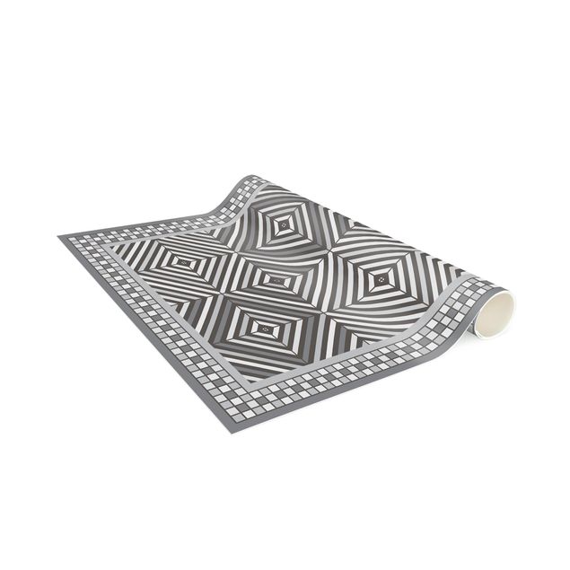 kitchen runner rugs Geometrical Tiles Vortex Grey With Narrow Mosaic Frame