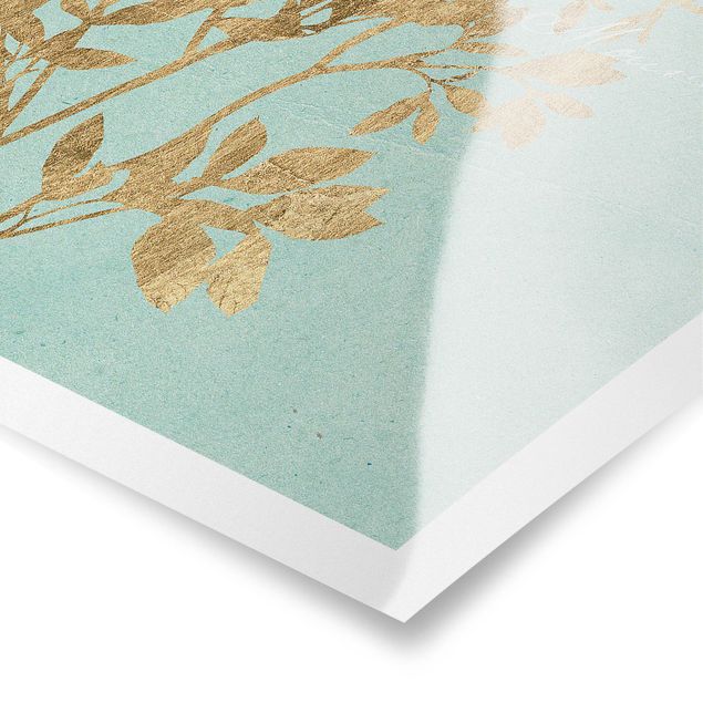 Prints Golden Leaves On Turquoise I