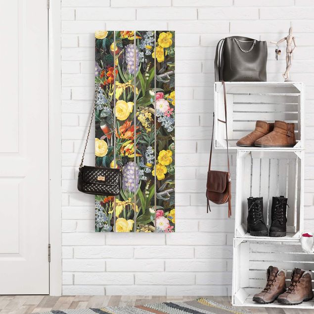 Wooden wall mounted coat rack Flowers With Colourful Tropical Birds